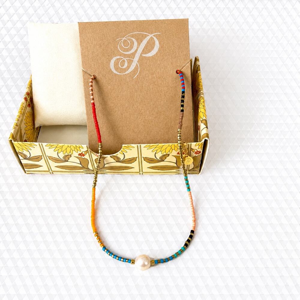 Plunder Design Multicolor Beaded Pearl Necklace NIB Boho Gold Tone